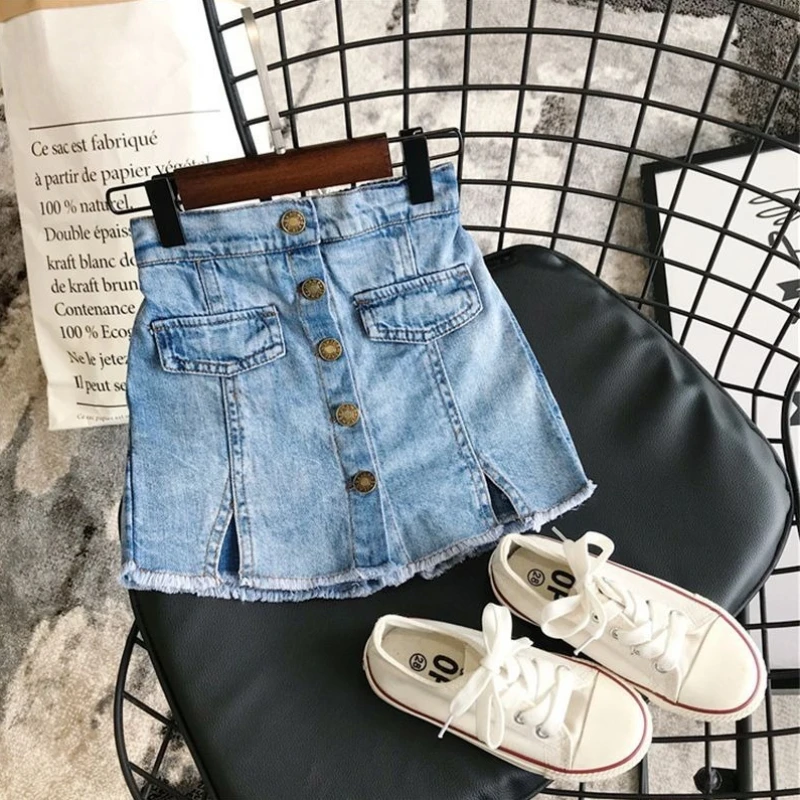 Girls Kids Denim Skirt 2026 Summer New Arrival Solid Color Button Design Casual Mini Skirt for Baby Children​