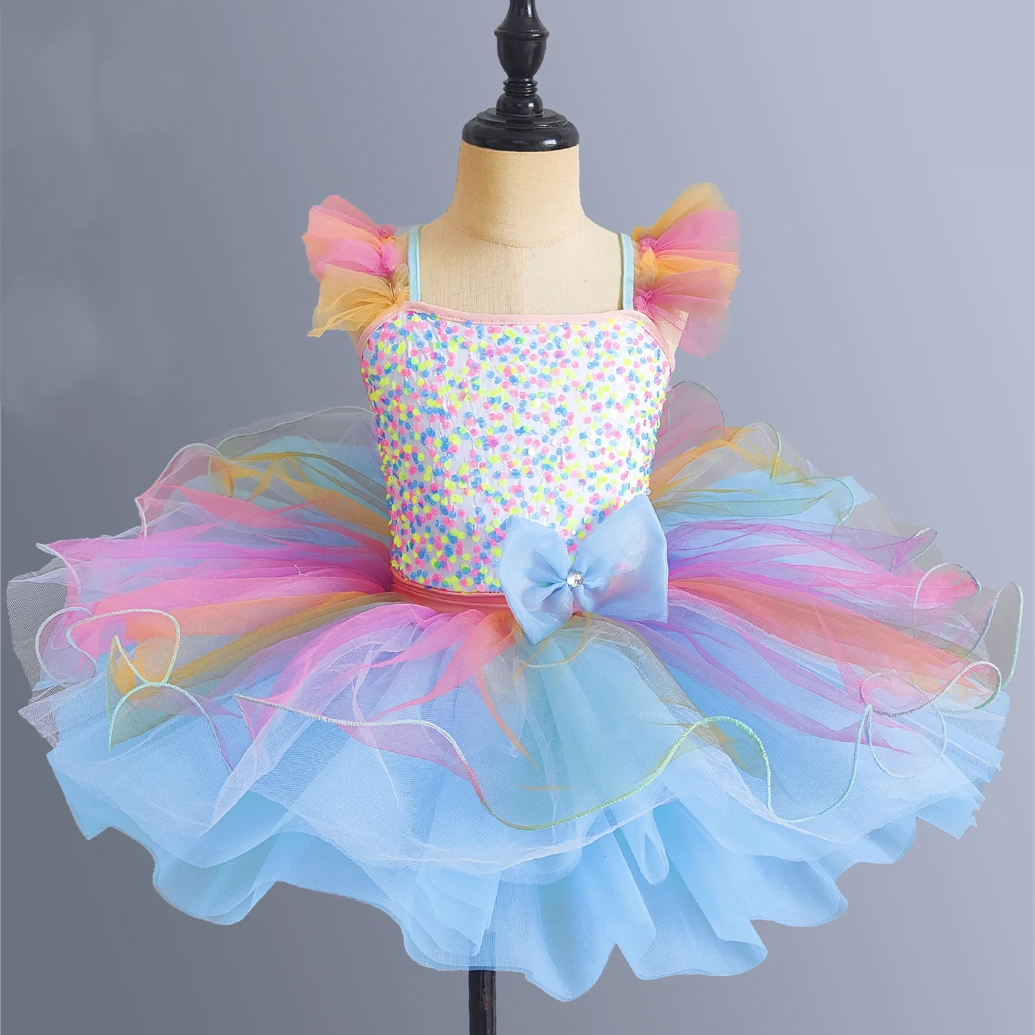 Children Ballroom Clothing Sequined BalletTutu Dress Girls Rainbow Color ModernPerformance Clothing Wear Ballet PrincessDress