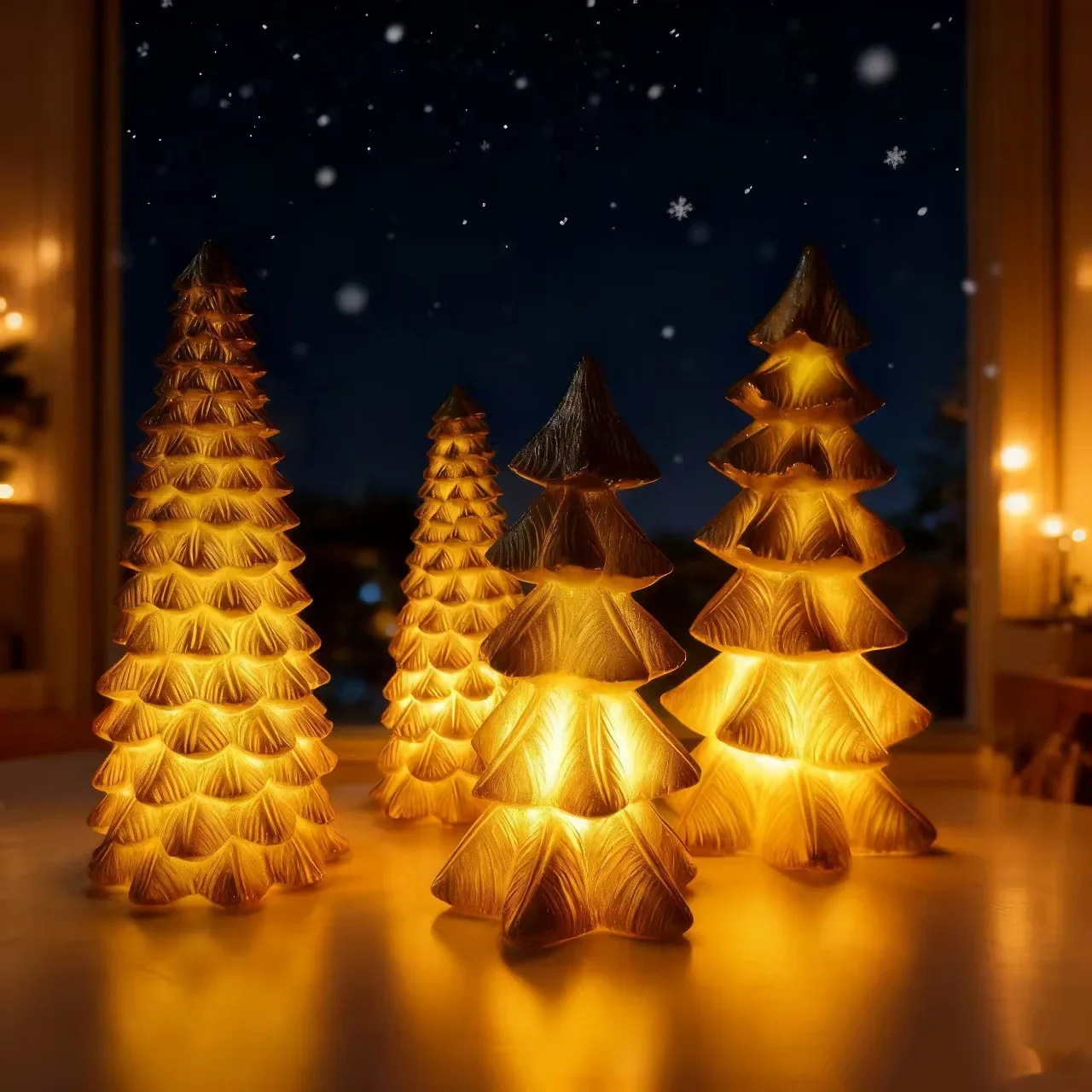 

4pcs/set Creative Romantic Snowflake Christmas Tree Night Lights Glowing Resin Crafts Holiday Home Desktop Decoration Decoration