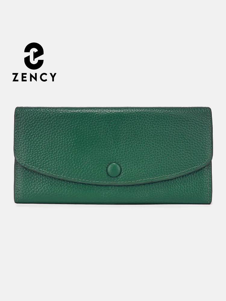 Zency 9 Color Minimalist Women Soft Cow Leather Slim Clutch Bag Wallet Card Case Coin Long Purse Money Clip Dark Green Orange