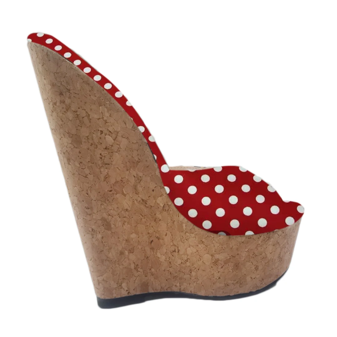 SHOFOO shoes Sexy women\'s high heeled slippers. About 20cm heel height Polka dots Summer women\'s shoes Outdoor wedges heel shoes