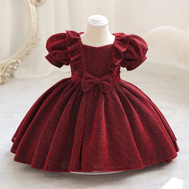 

M136 Girls' Dress Palace Style Small Preschool Children's Bubble Sleeve Bowtie Princess Cute Performance Wedding