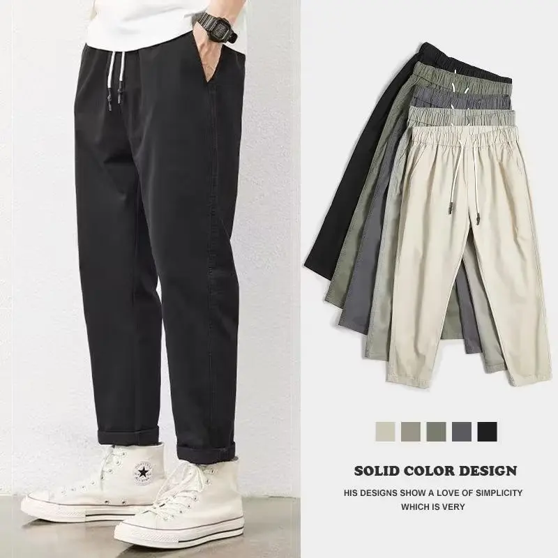 

Мужские летние свободные брюки прямого кроя с эластичным поясом, больших размеров, в стиле рабочей одежды, повседневные, тонкие, укороченные (до щиколотки), модные, молодежные, стильные
