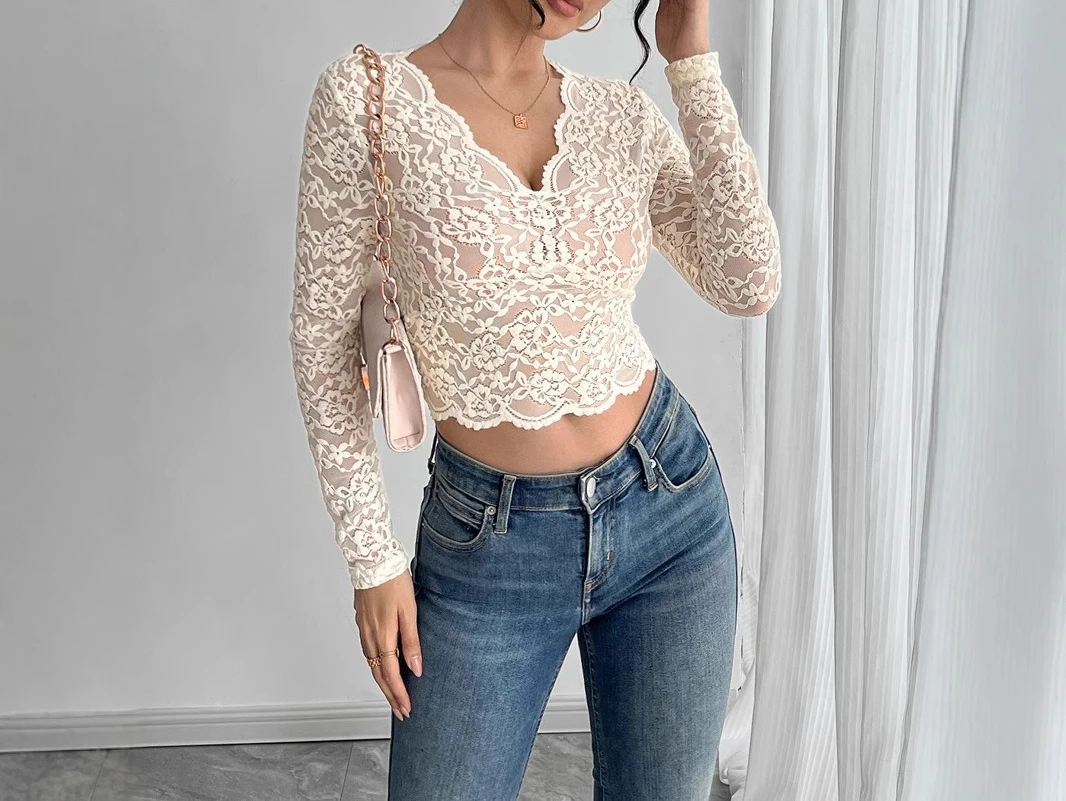 

2025 Spring/Summer New Women's Solid Color Sexy Lace V-Neck Long Sleeve T-Shirt