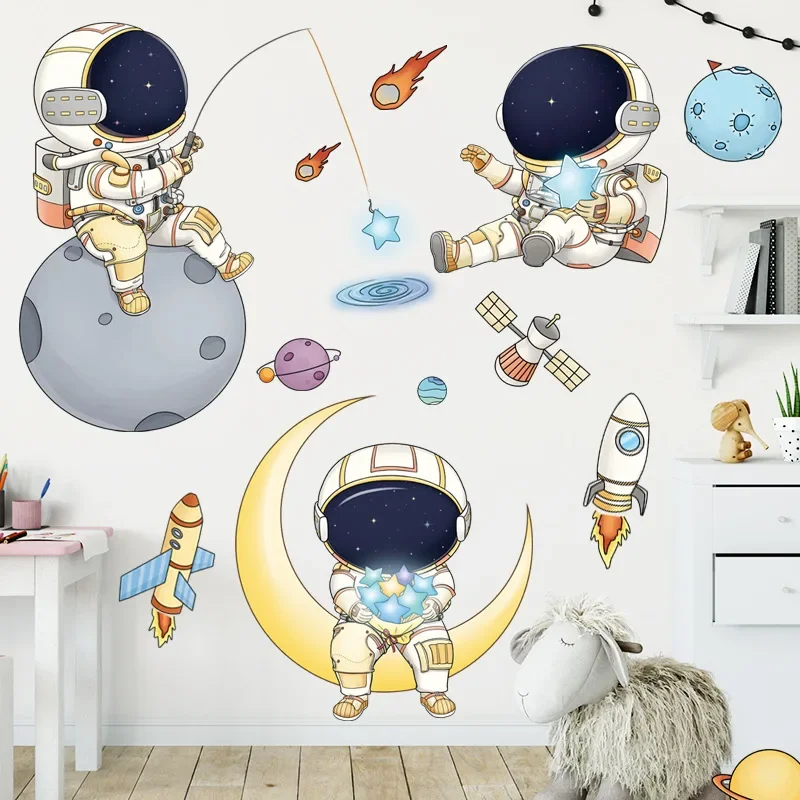 Outer Space Astronauts Wall Stickers for Children's Room Kindergarten Cosmic Starry Sky Cartoon Cute Spacecraft Waterproof Decor