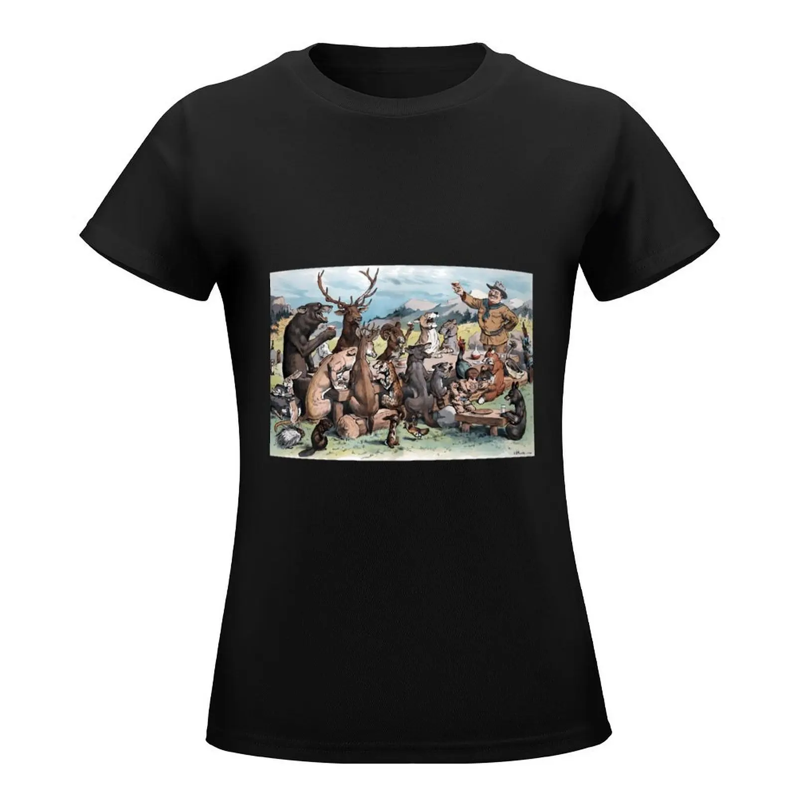 J. S. Pughe - Teddy Roosevelt at Thanksgiving Feast Art Print \t T-Shirt vintage animal print black t-shirts for Women