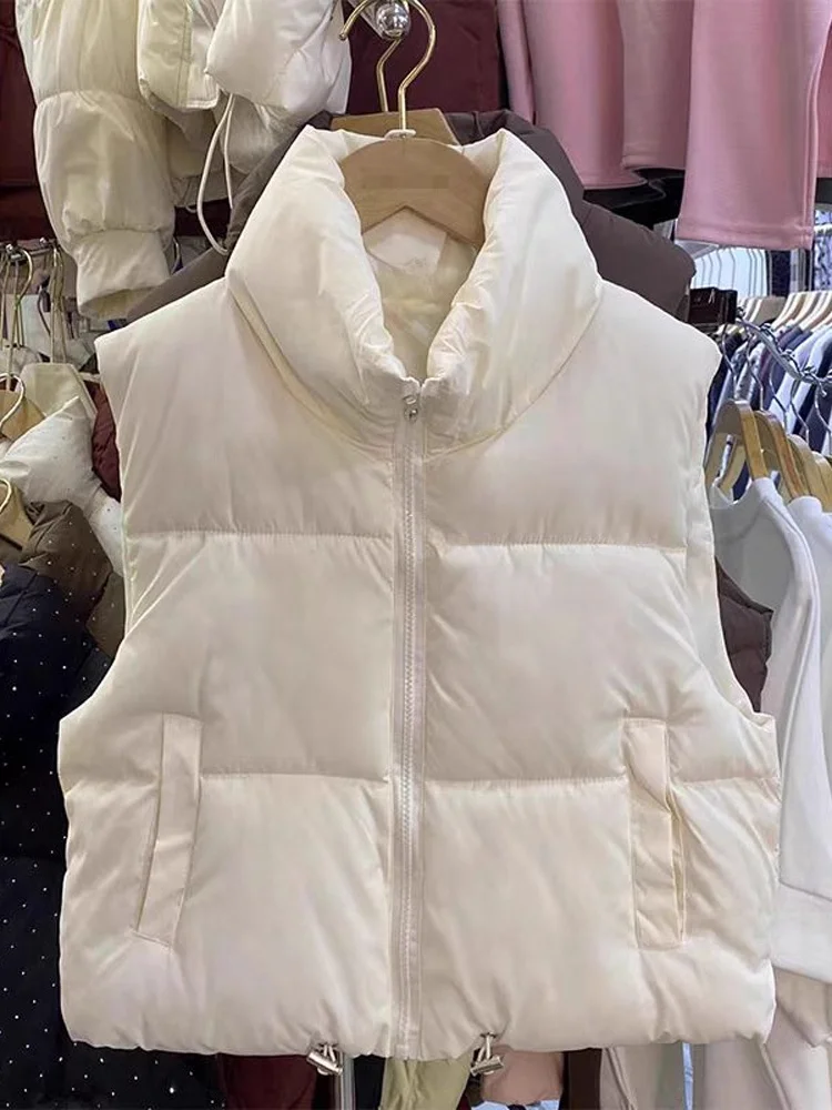 

Женский короткий пуховый жилет из хлопка: теплый, модный, универсальный, в корейском стиле, свободного кроя, на молнии, без рукавов, с воротником-стойкой