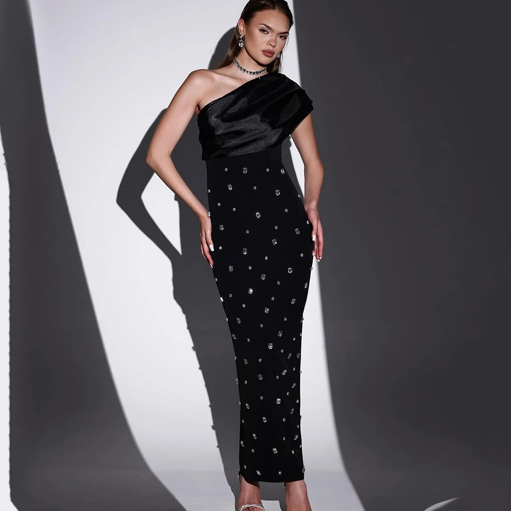 

Dream Elegant One Shoulder Evening Dress Jersey with Crystal Sheath Ankle Length Women Customized Cap Sleeve Formal Gowns