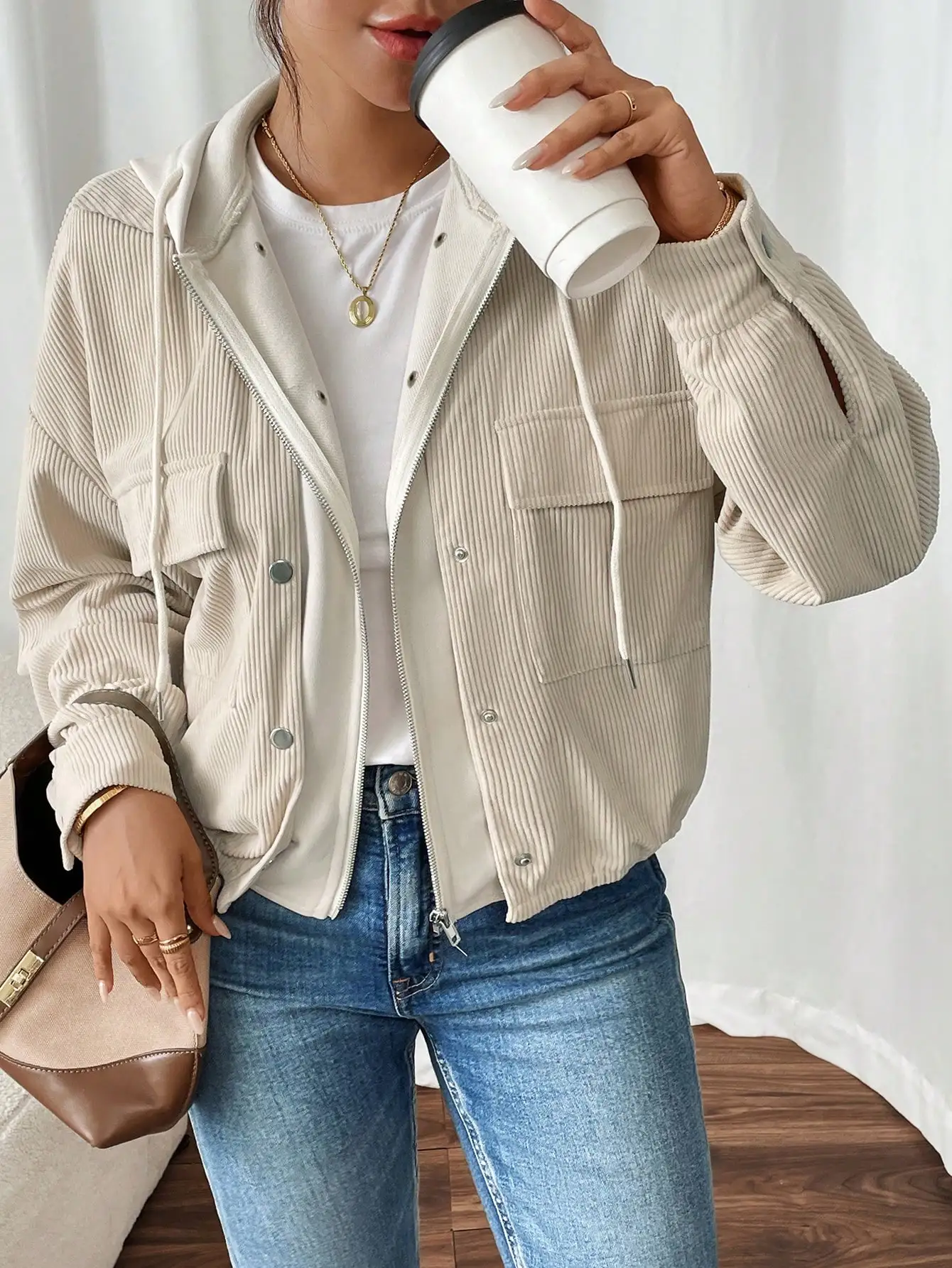 

Women's Corduroy Hooded Zip-Up Jacket with Patch Pockets, Casual Loose Fit for Autumn Winter