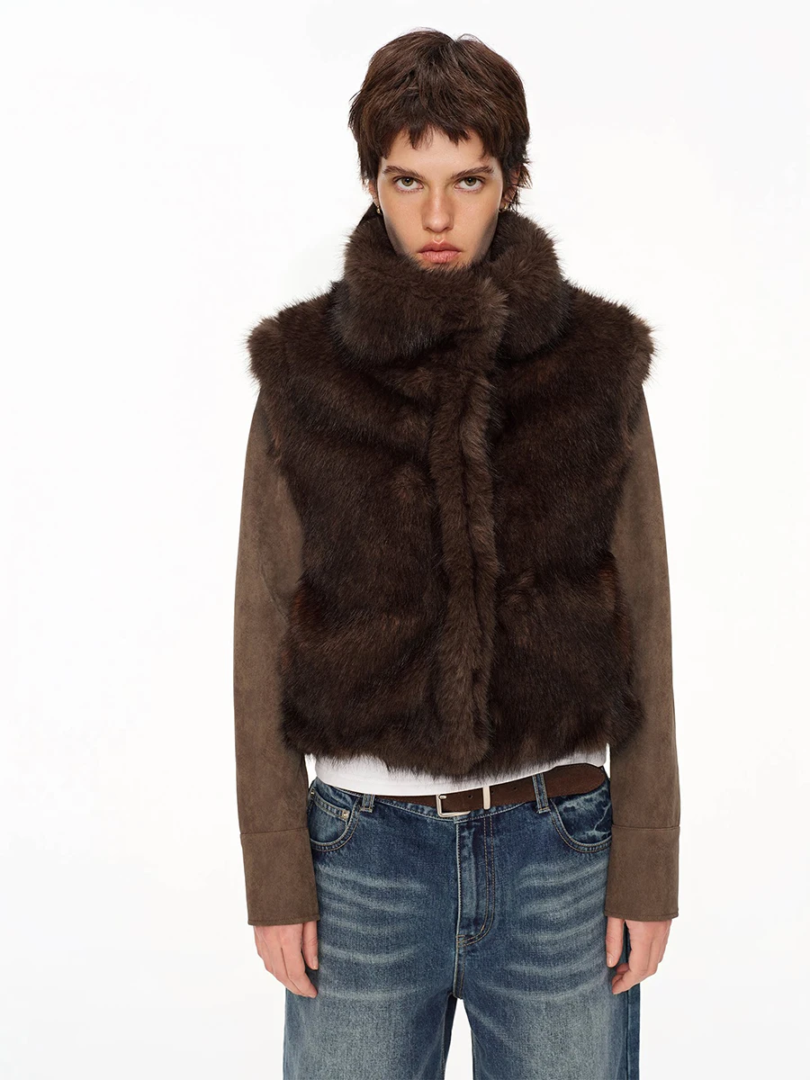 2026 Autumn Winter Women Faux Fur Jacket High Stand Collar Contrast Sleeve Patchwork Short Coat Brown
