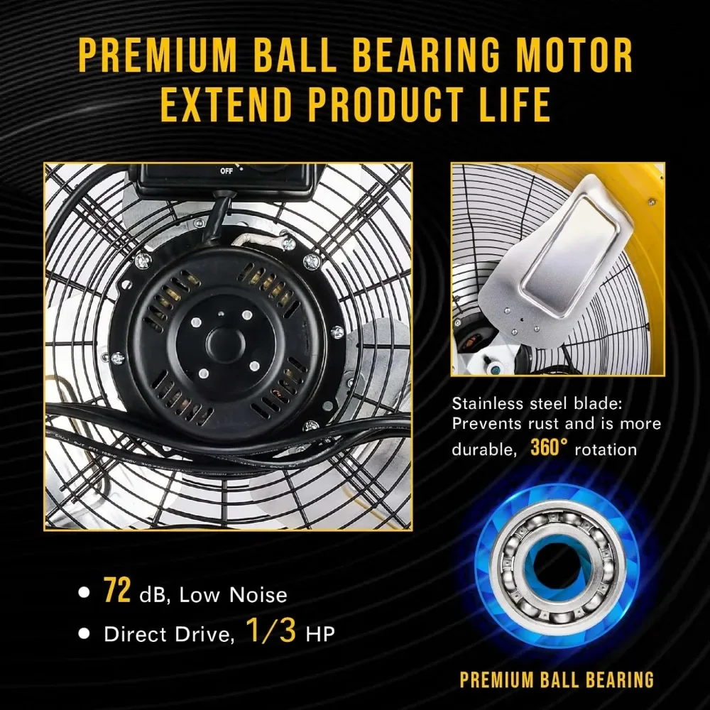 Ventilatore a tamburo in metallo inclinabile per impieghi gravosi ad alta velocità da 24 pollici giallo commerciale, uso industriale 3 velocità 8540 CFM 1/3 HP cavo da 8 piedi