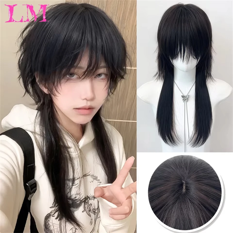 LM Synthetic Wig Natural Cosplay Hair Extensions Synthetic Handsome Wigs Breathable Head Cover Straight Wig Hat for Men Wom