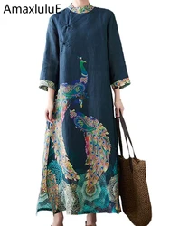 Amax luluE Fashion 2024 Spring Womens Vintage Button Design Dress Chinese Style Print Elegant Linen Vestidos Patchwork Dresses