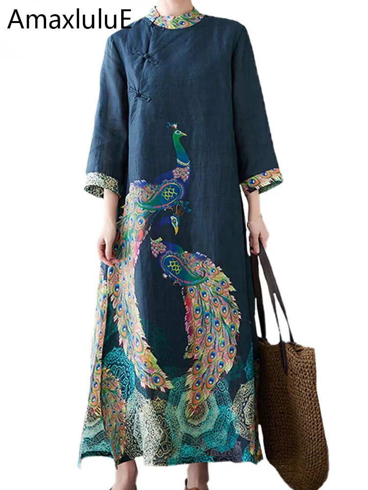 Amax luluE Fashion 2024 Spring Womens Vintage Button Design Dress Chinese Style Print Elegant Linen Vestidos Patchwork Dresses
