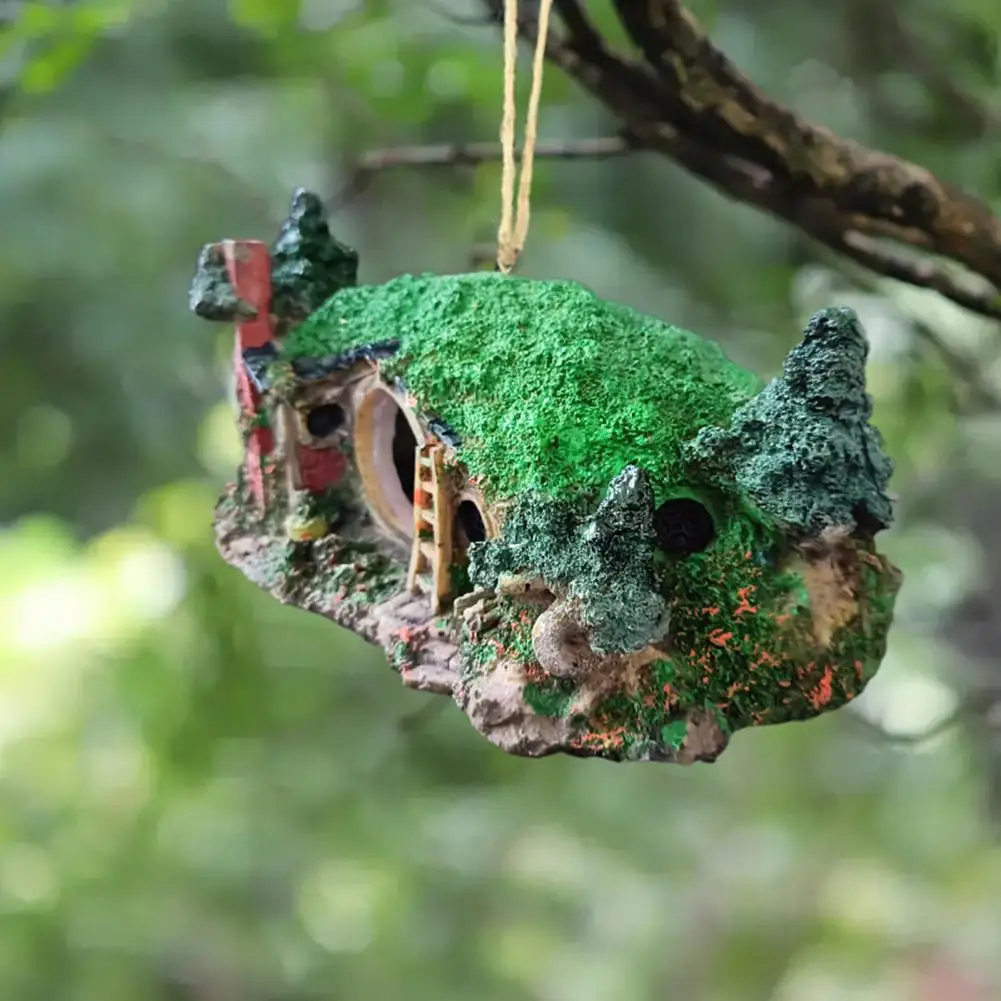 Green Resin Bird House with Lanyard Easy to Install Waterproof UV Resistant Garden Hummingbird Nest Outdoor Hanging Ornament