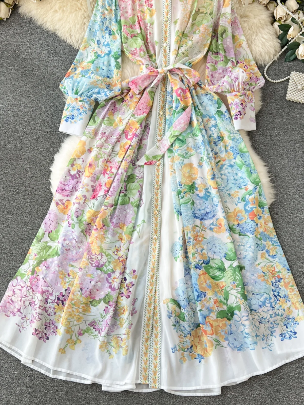 Frühling Herbst Frauen bedrucktes Kleid eleganter Stehkragen Puff ärmel einreihiges langes Kleid französischer Stil weibliche Vestidos