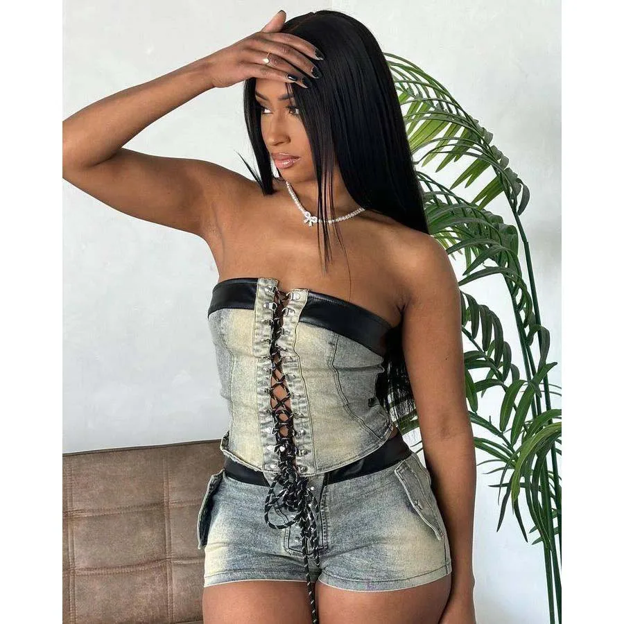 

Denim Summer Two Piece Pant Sets Biker Cargo Belt Pants Shorts Suits Sets Cropped jean Tops Tracksuit Sexy Outfits Y2K Fashion