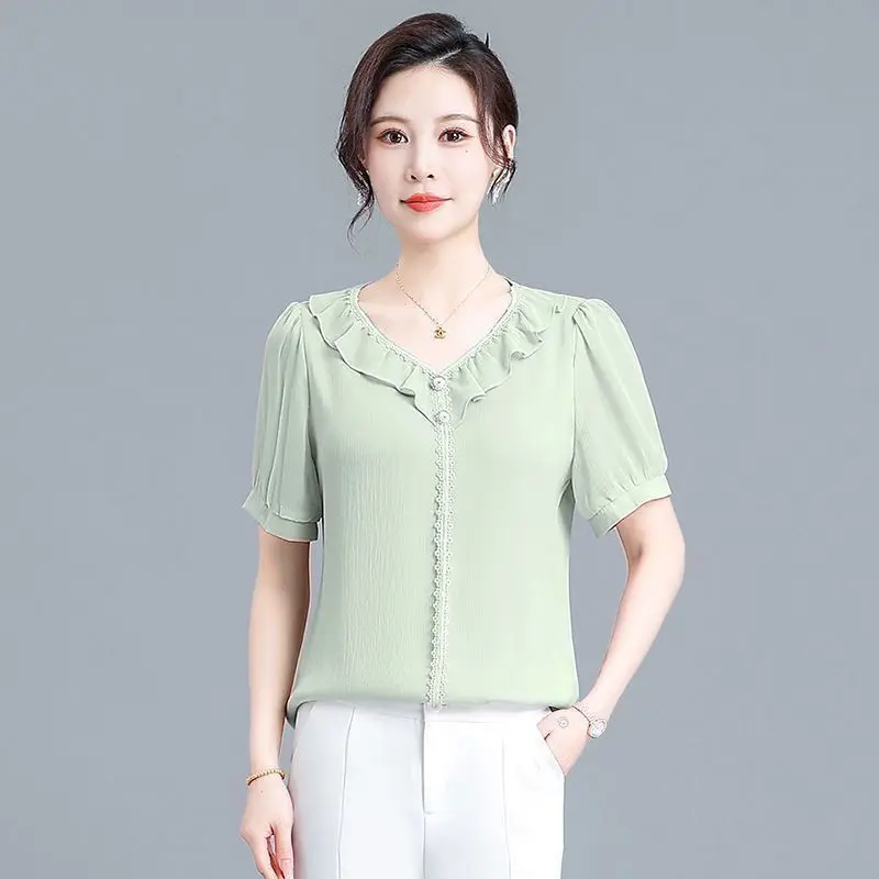 

Temperature Ruffled Chiffon New Fashionable Bubble Top Women's Short-sleeved Shirt