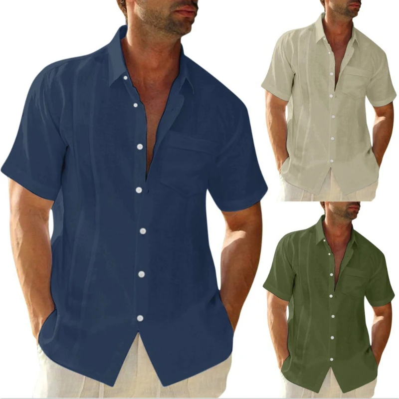 

Men Shirts Summer Lapel Pocket Single-Breasted Cardigan Cotton Linen Casual Short Sleeve Ethnic Style Stripe Printed Blouse