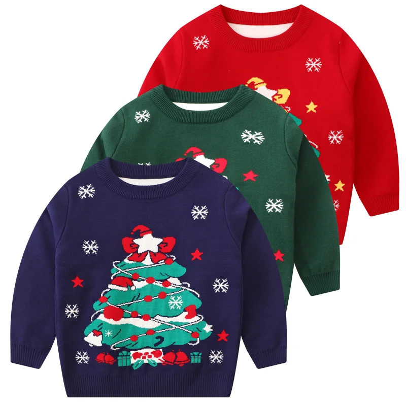 Christmas New Year Children's New Year Knitted Sweater Santa Claus Christmas Tree Cartoon Print Warm and Cute Sweater