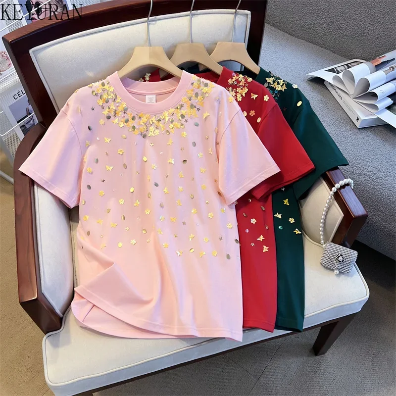 2024 Summer Oversized T Shirt Women Korean Fashion Sequins T-Shirts Round Neck Short Sleeve Casual Loose Comfortable Cotton Tops