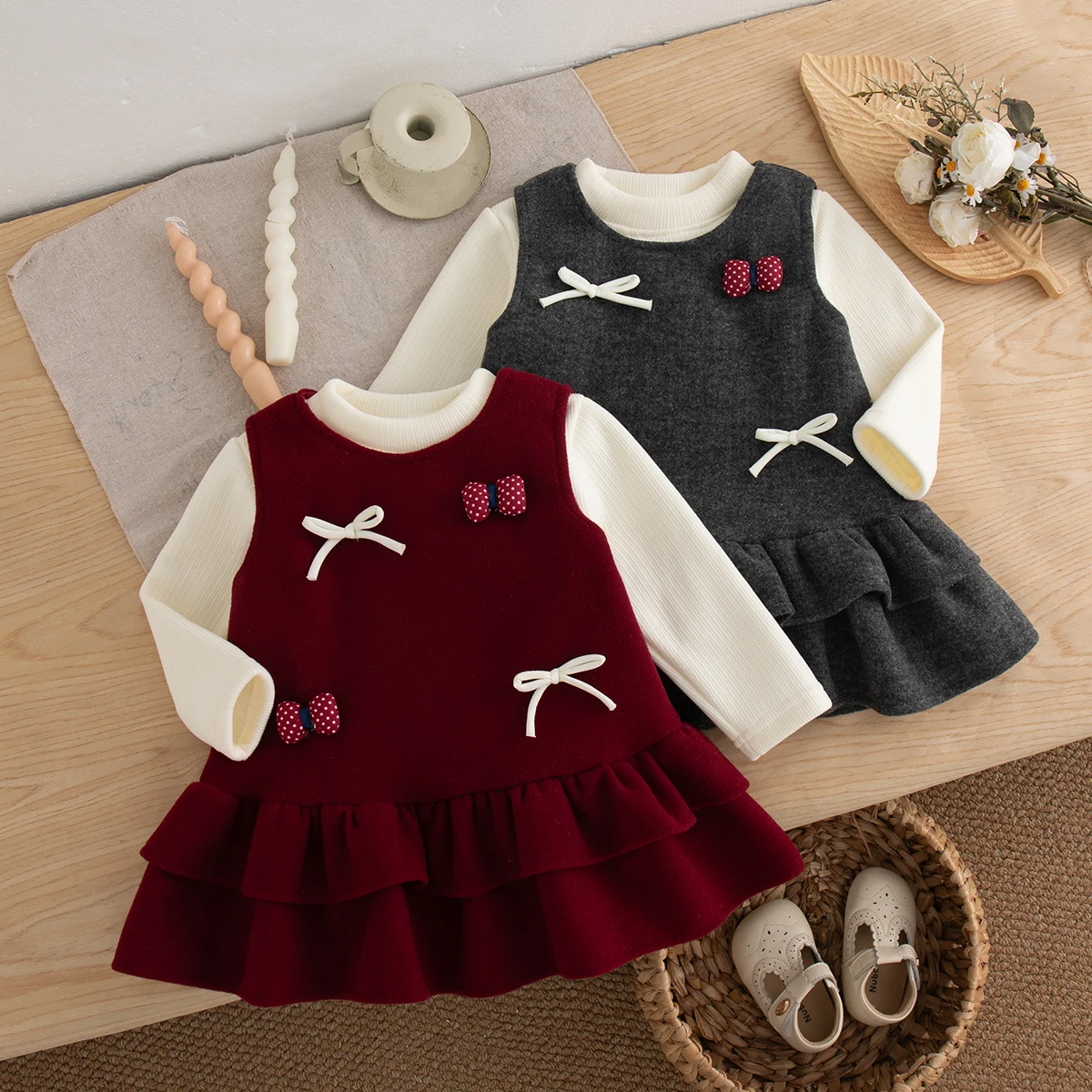 Christmas New 2pc Autumn/Winter Girl Dress Set With Velvet Long Sleeve Top + Vest Dress Sweet Daily Outing Style Children's Set