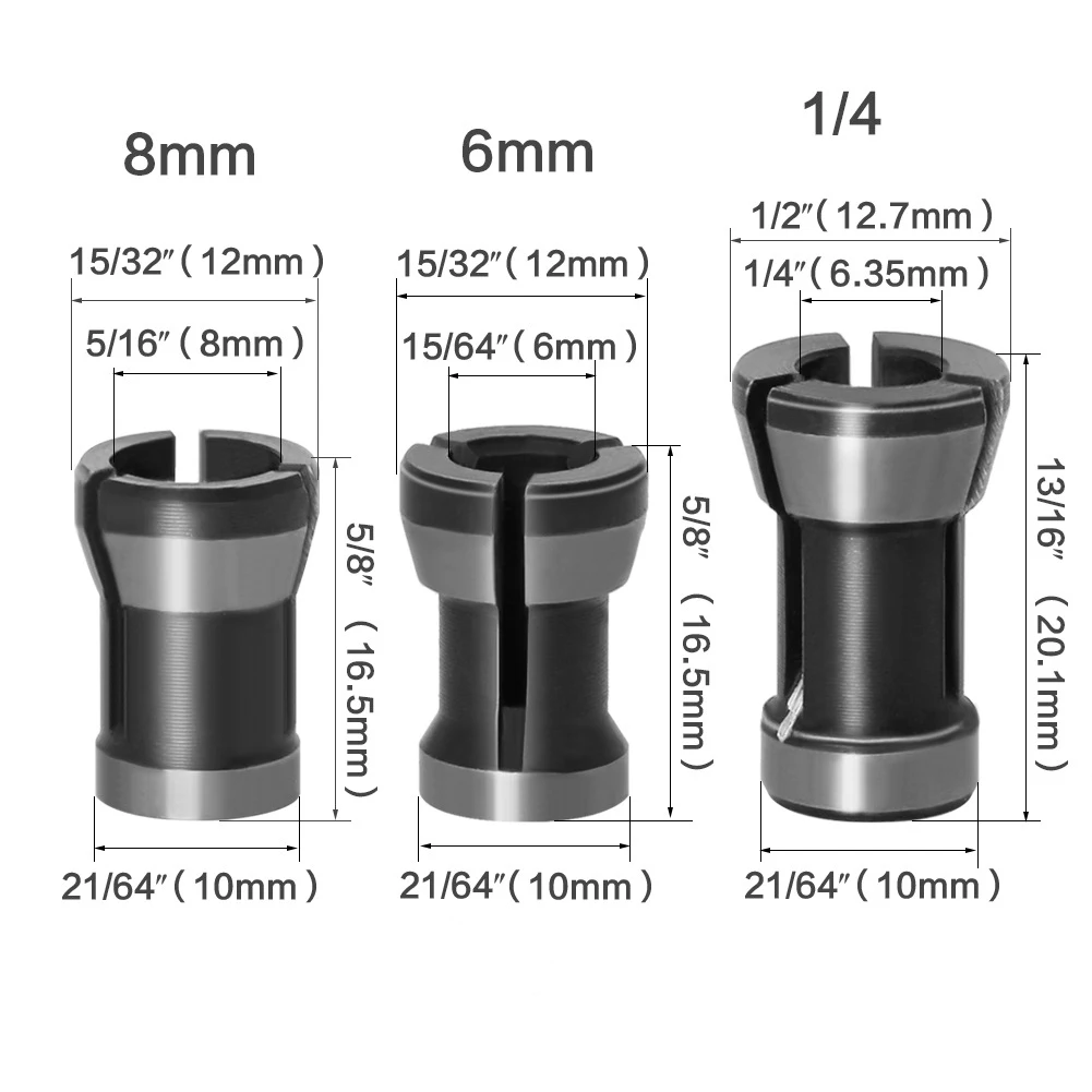 3Pcs Chuck Extension Collet Router Bit Holder 6/ 6.35/ 8mm For Trim Molding Machine Power Tool Electric Grinder Accessories
