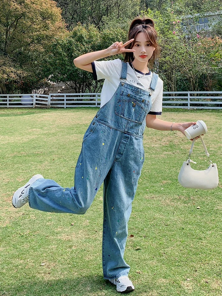 

Стильный легкий джинсовый комбинезон-полукомбинезон, модный молодежный повседневный комбинезон с прямыми штанинами, женский летний комбинезон с высокой талией и длинными брюками