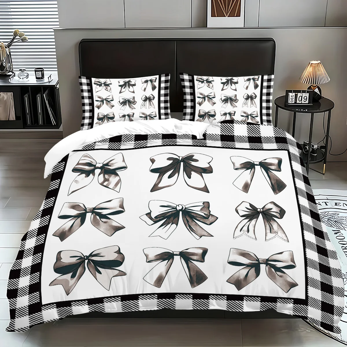 

3pcs (1 duvet cover, 2 pillowcases, coreless), simple premium black and white plaid bowknot element printed bedding set