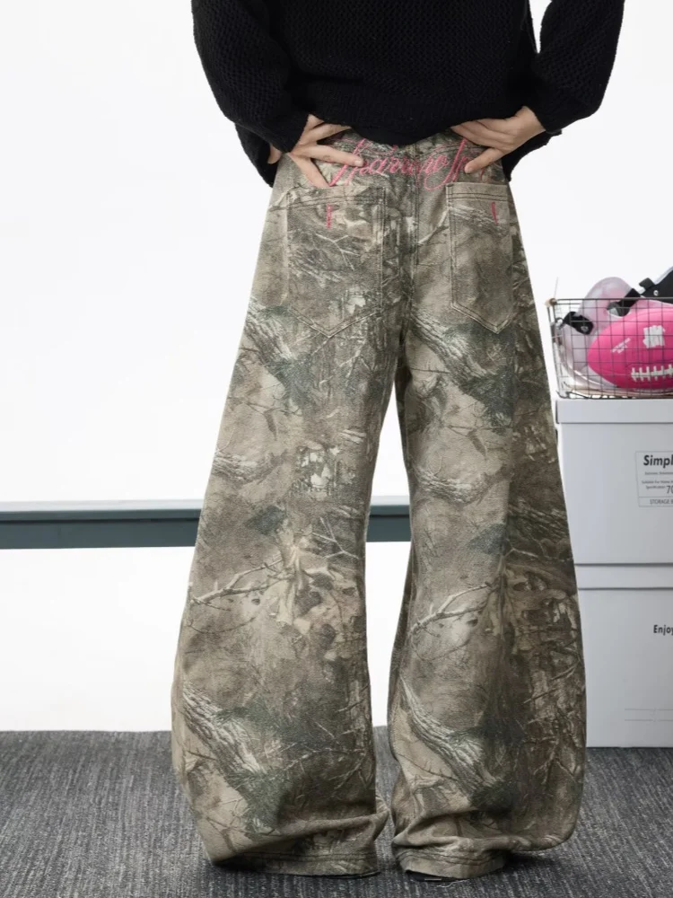 2025 American Retro Y2K Style Branch Pattern Baggy Jeans Pants For Men Clothing Wide Leg Vintage Long Trousers Pantalon Hombre