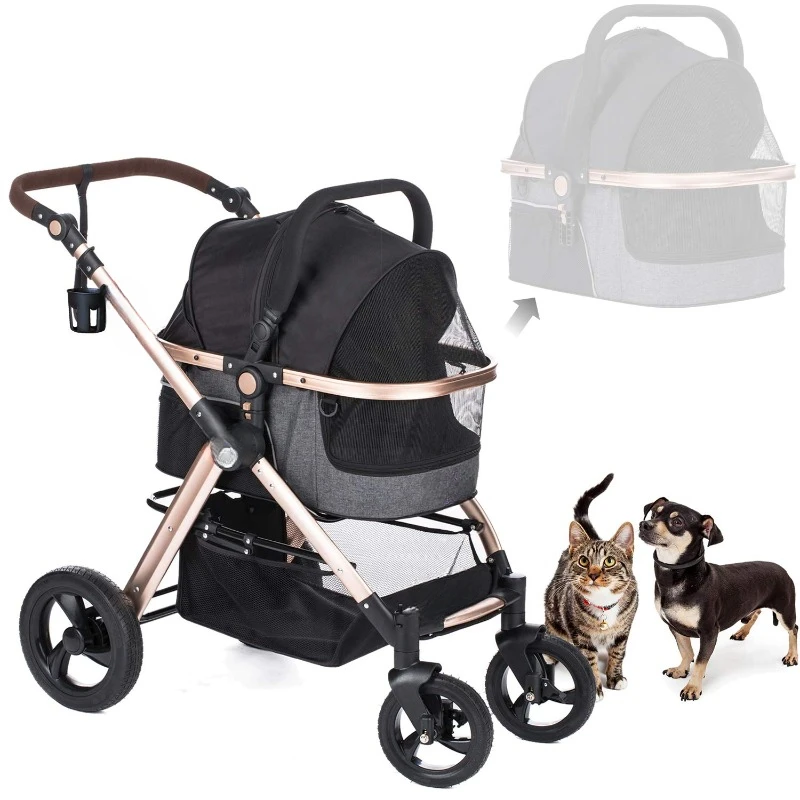 3-in-1 Luxury Dog/Cat with Detach Carrier/Pump-Free Rubber Tires/Aluminum Frame/Reversible Handle for Medium Small Pets