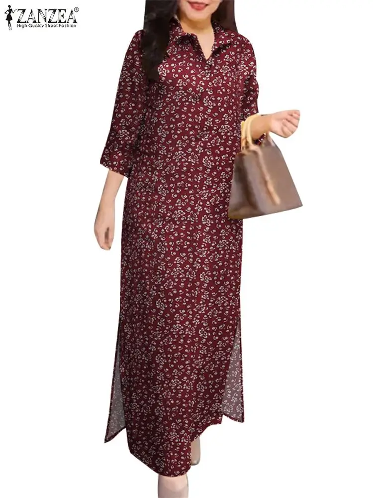 ZANZEA Women Side Slit Vestidos 3/4 Sleeve Turn-down Collar Casual Floral Printed Maxi Dress Autumn Daily Commute Shirtdress — zdjęcie 5