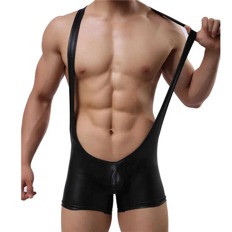 Mens Sexy Faux Leather Bodysuit One-Piece Jockstrap Leotard Catsuit Wrestling Singlet Black PU Jumpsuit Clubwear PVC Wet Look