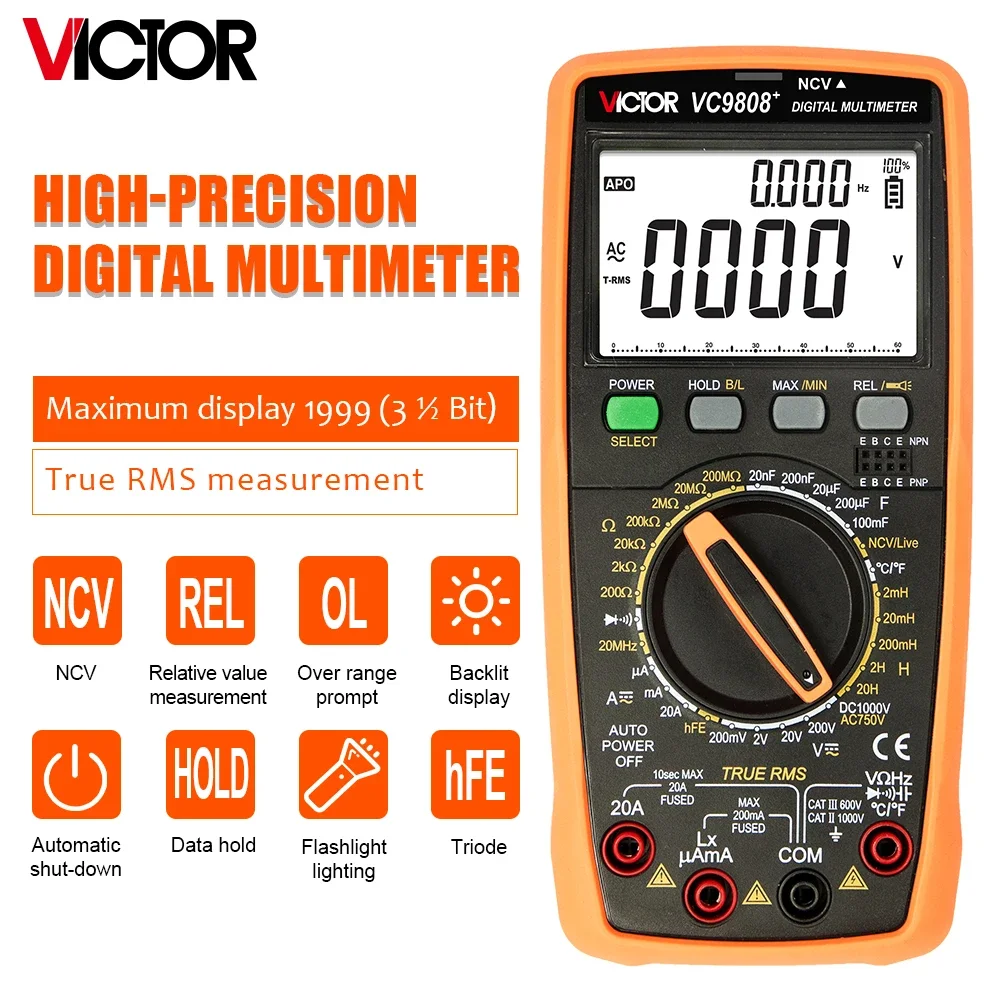 

Victor High-Precision Digital Multimeter 1999 True RMS 2000uF Capacimeter 20MHz Frequency Temperature Measuring With LCR VC9808+