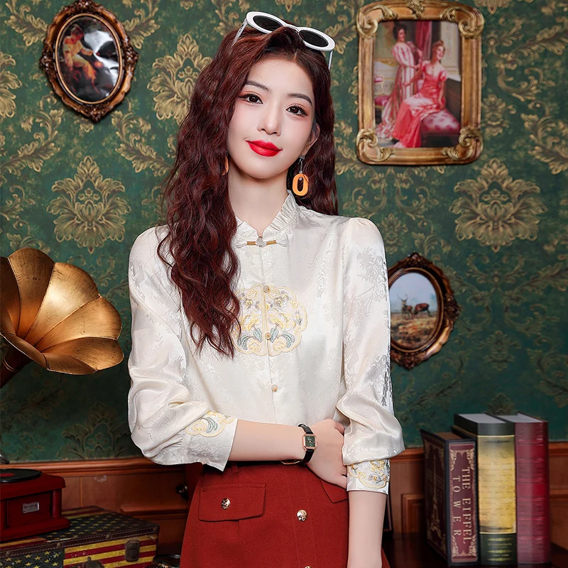 Nieuwe Chinese Sle Dames Geborduurde Irt Stand Kraag Loose Fit Button Up Lange Sve Hoge Taille Faion Lente 2024