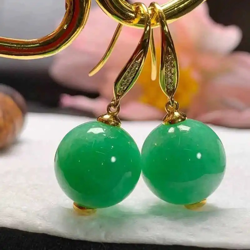 

Handmade 12MM natural green jade bead earrings 18K Wedding Silver Men Dangling Drop Chandelier Handmade