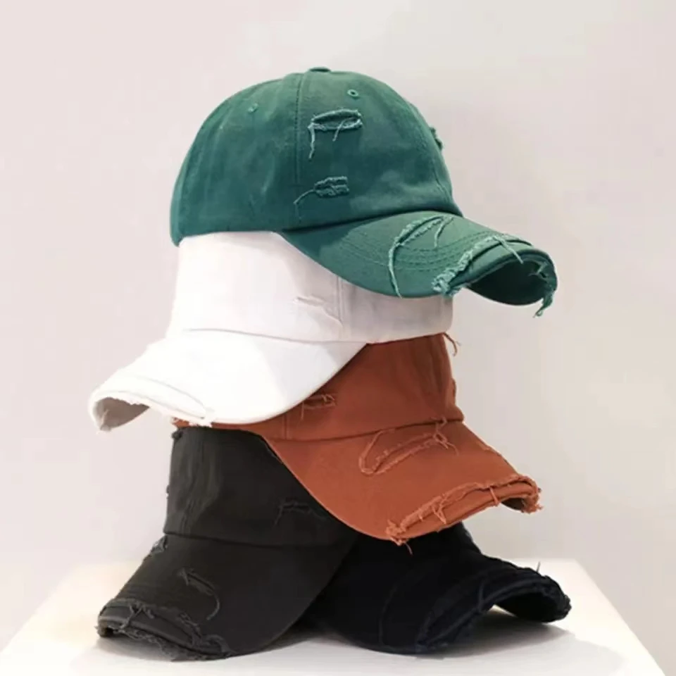 

Solid Spring Summer Caps Women Cotton Baseball Cap Fashion Ripped Hip Hop Cap Men Ponytail Vintag Outdoor Visor Casual Sun Hat