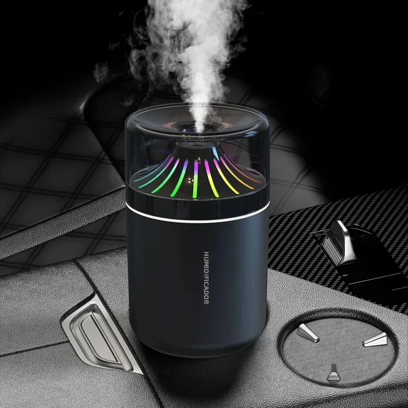 Umidificador montado em veículo com luz de atmosfera de mudança gradual colorida com spray delicado mudo de redução de ruído para ar fresco
