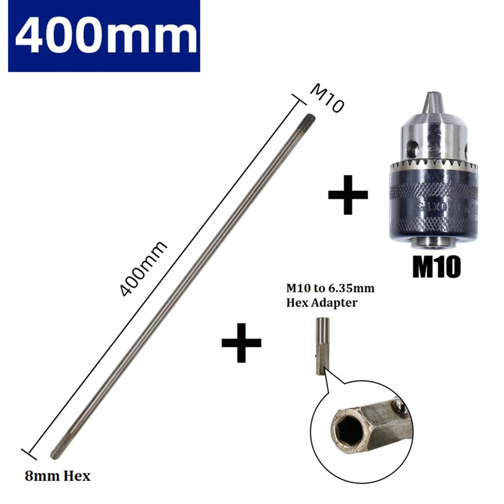 Extension Rod Connect Rod Set Replacement Silver 300mm/400mm/500mm/600mm 3pcs/Set 8mm Hex Shank M10 Drill Chuck