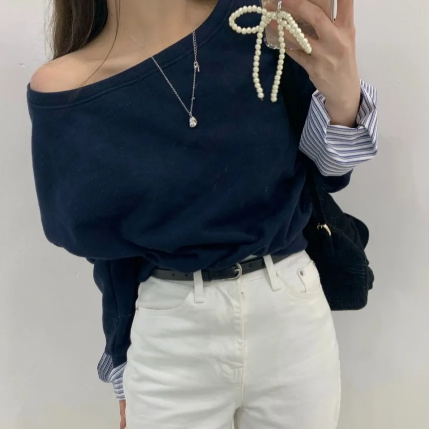 Korean Style Shoulder Bared One-Shoulder Sweatshirt Loose Fit Cotton Material Long Sleeve Casual Ladies' Fashion