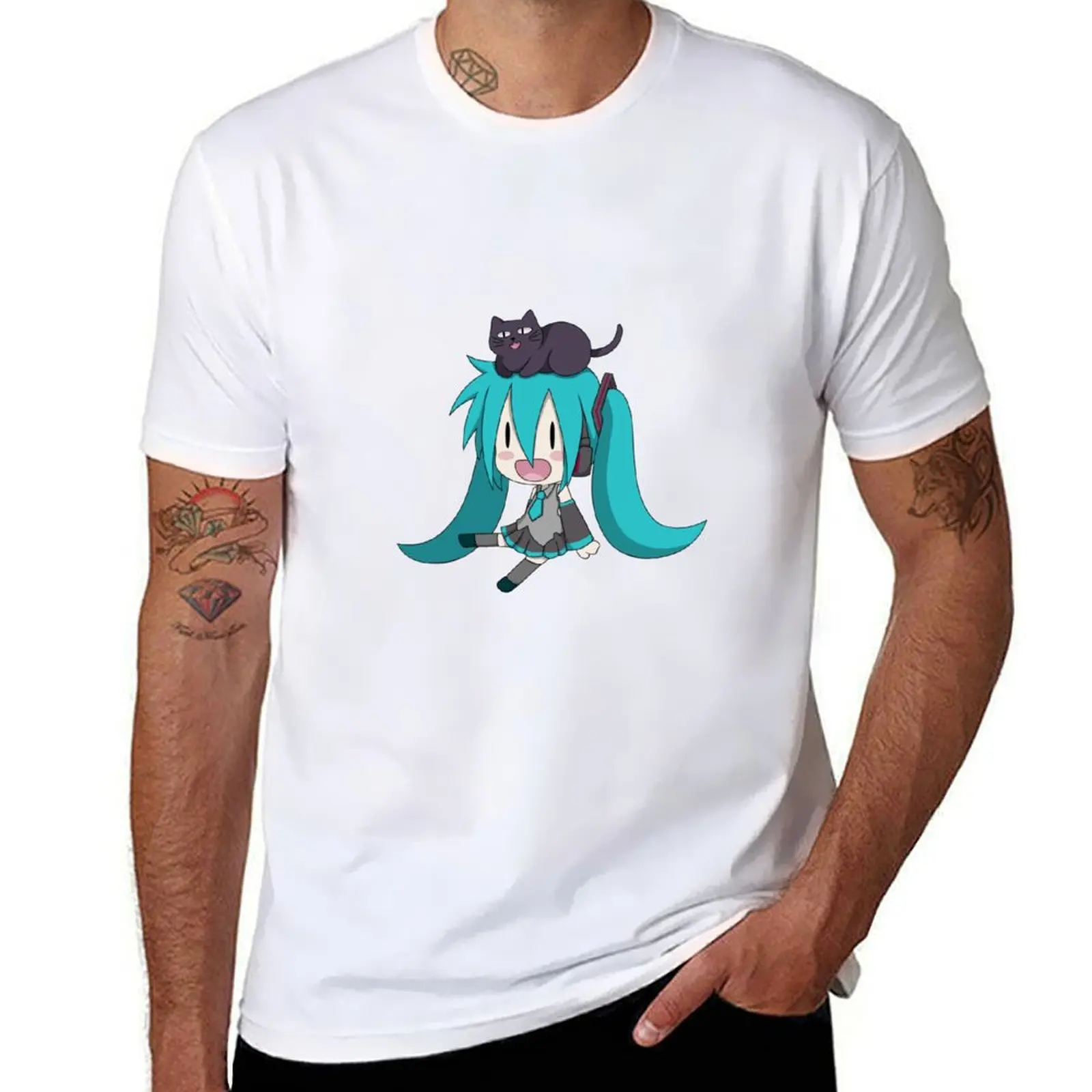 Miku with a Cat!! T-shirt kawaii clothes blanks funnys tshirts for men