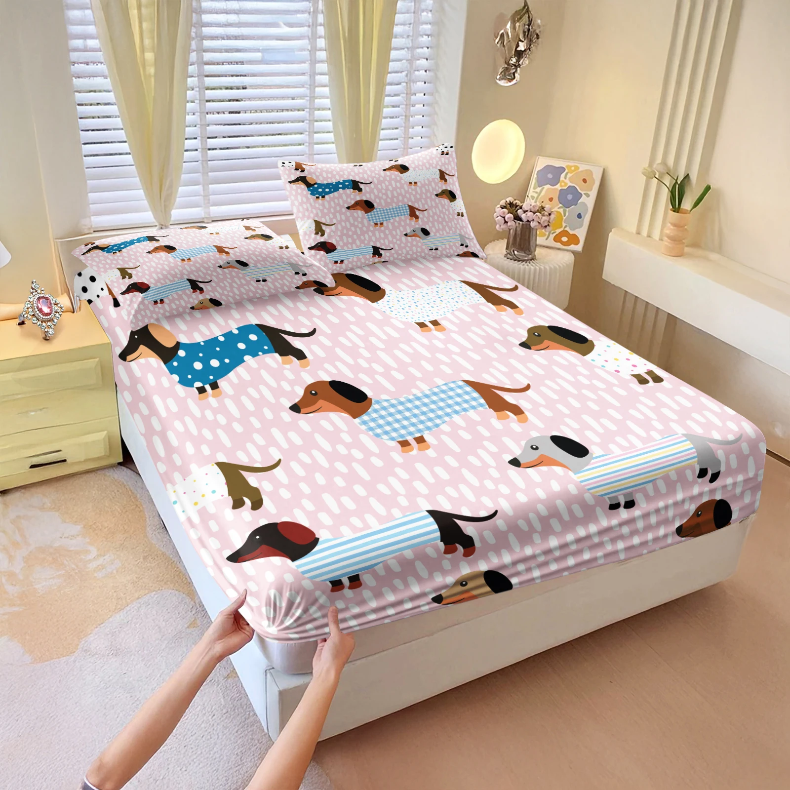 Adorable Striped & Polka Dot Dachshund Fitted Sheet Set on Pink Raindrop Background. Cozy Kawaii Bedding for Pet Lovers
