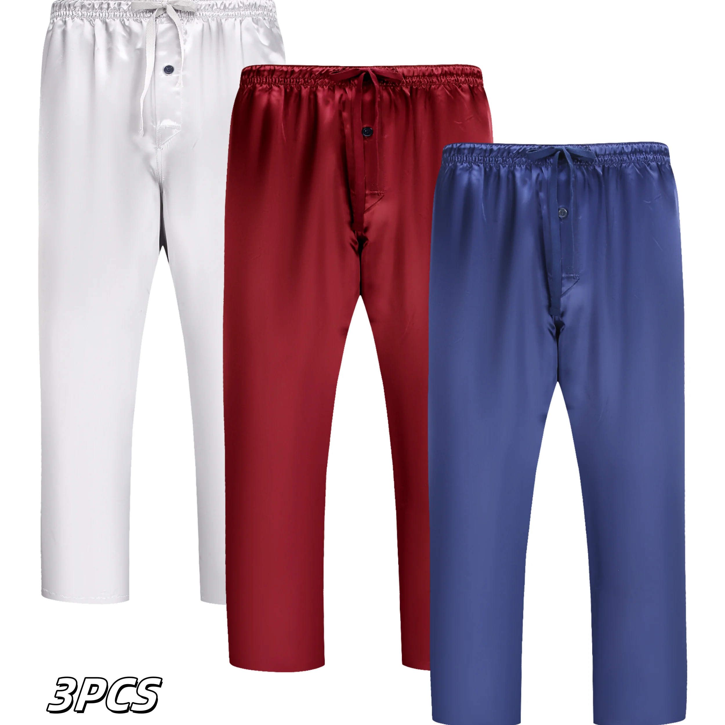 

JupiterSecret 3pcs Men's Solid Satin Comfy Pajama Pants Casual Sleeping Bottoms with Elastic Waistband and Pockets Homewear