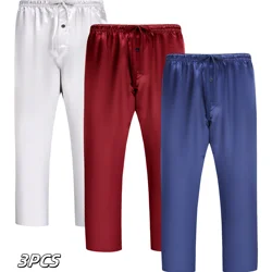 JupiterSecret 3 piezas de pantalones de pijama cómodos de satén liso para hombre, pantalones para dormir informales con cintura elástica y bolsillos, ropa para el hogar