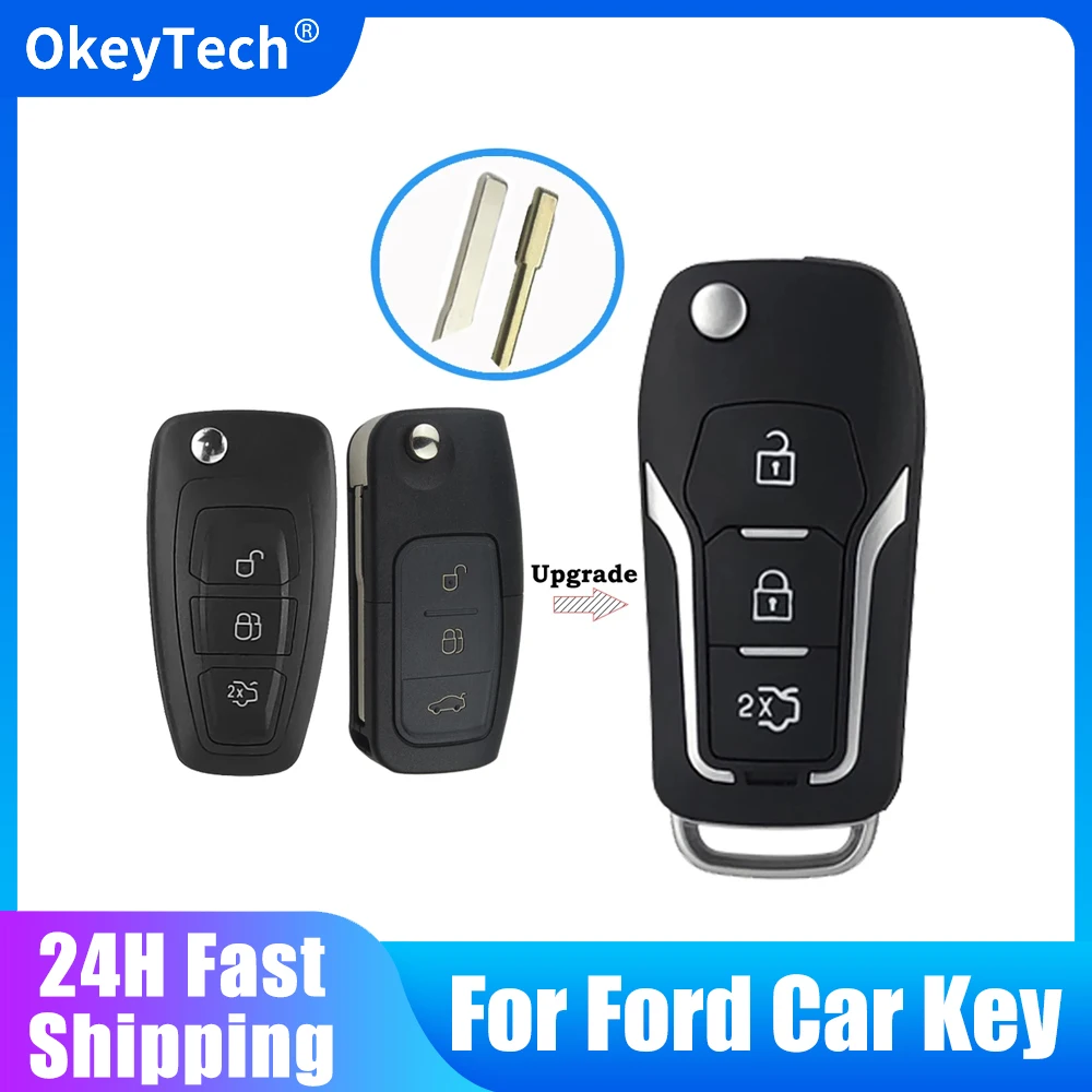 

OkeyTech for Ford for Focus Fiesta Kuga Escape Mondeo Modified 3 Button Flip Folding Car Smart Key Shell Cover Fob FO21 HU101