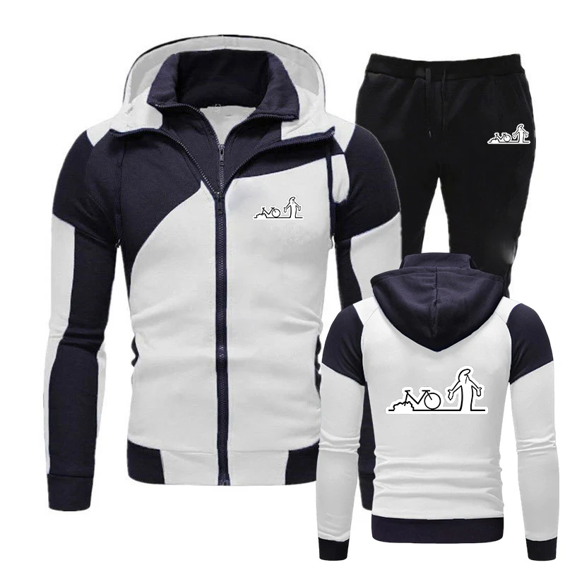 Engraçado la linea bicicleta incrível impressão 2025 primavera outono nova moda masculina cor combinando zíper moletom com capuz + calças terno de duas peças