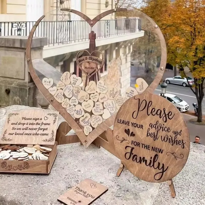 Księga gości weselnych Drewniana słodka księga gości weselnych w kształcie serca Grawerowana przezroczysta księga gości Wesela Dekoracja kart powitalnych