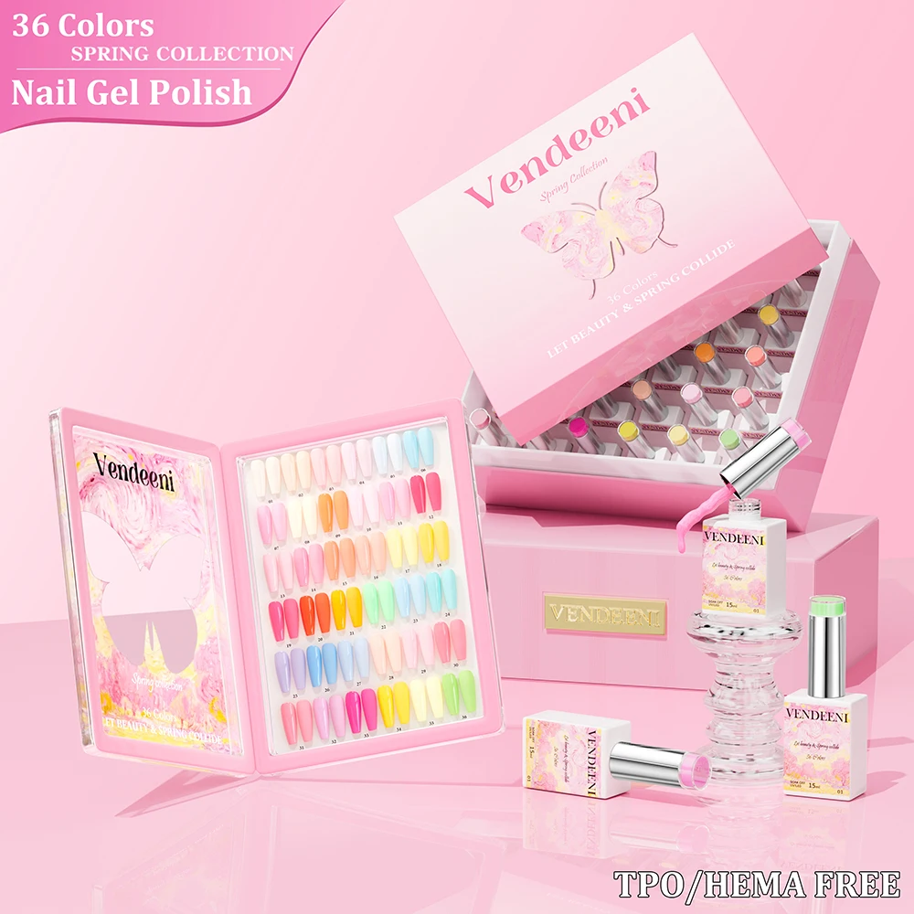 Vendeeni 36 Kleuren/Set Lente Snoep Pure Kleur Gel Nagellak TPO HEMA GRATIS Hoge Pigment UV Losweken Gel vernis Met Display