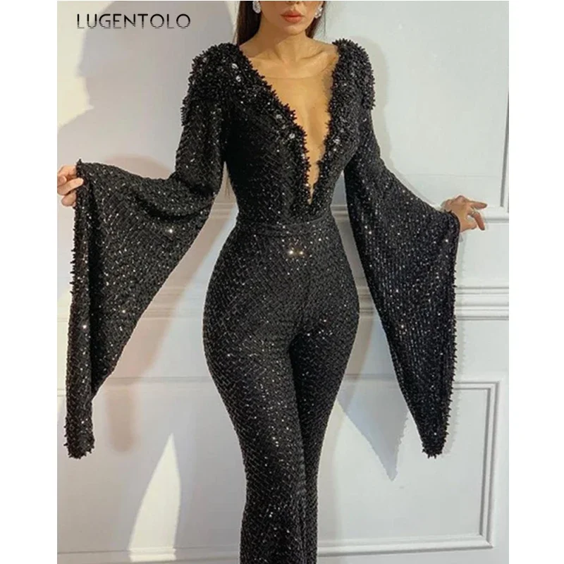 

Women Jumpsuit Sequin Elegant Sexy Women's V-neck Bat-sleeved Top Black Solid Straight Fashion Long Jumpsuits