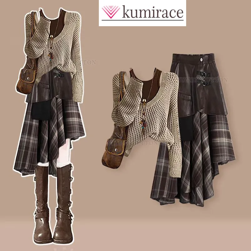 

Комплект Майяра, женский весенне-осенний утягивающий вязаный свитер, жилет + нерегулярная клетчатая юбка, комплект из трех предметов